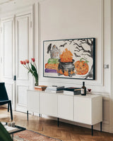 Phantoms of the Night I Color by Anne Tavoletti. shown as a framed stretched canvas in a living room above a console. Available as a archival giclee rolled canvas, fine art paper, or poster print. SKU 55953i.