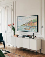 Portofino I by Anne Tavoletti. shown as a framed stretched canvas in a living room above a console. Available as a archival giclee rolled canvas, fine art paper, or poster print. SKU 29050i.