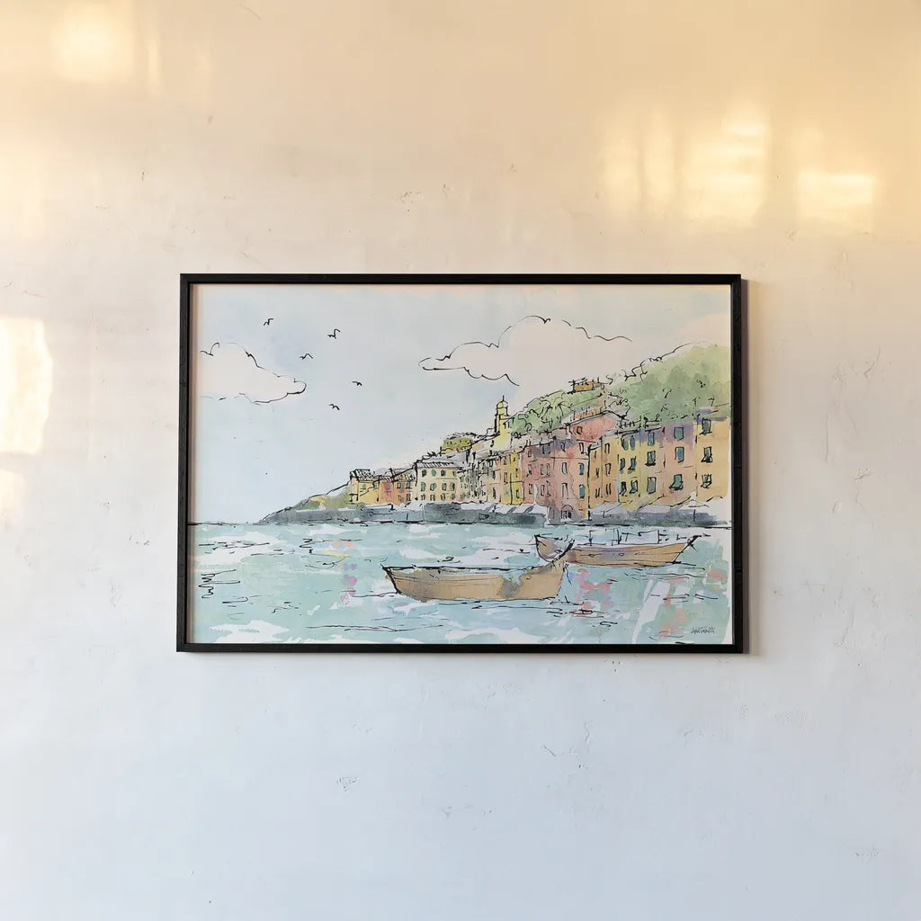 Portofino I by Anne Tavoletti. shown as a paper print in a black flame. Available as a archival giclee rolled canvas, fine art paper, or poster print. SKU 29050i.