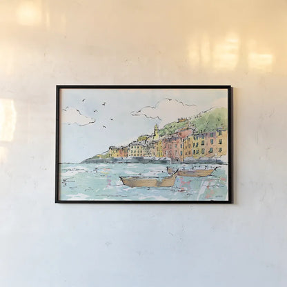 Portofino I by Anne Tavoletti. shown as a paper print in a black flame. Available as a archival giclee rolled canvas, fine art paper, or poster print. SKU 29050i.