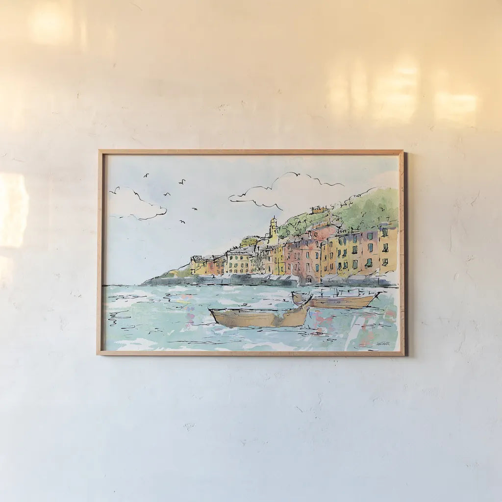 Portofino I by Anne Tavoletti. shown as a paper print in a natural frame. Available as a archival giclee rolled canvas, fine art paper, or poster print. SKU 29050i.