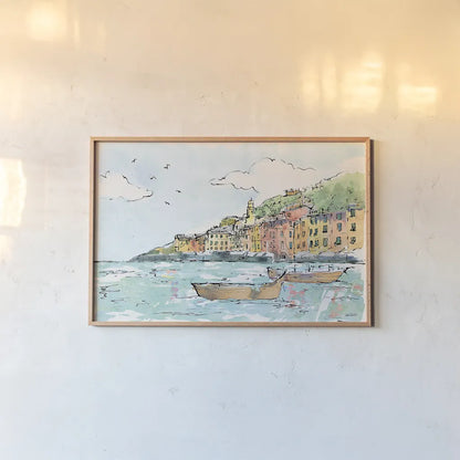 Portofino I by Anne Tavoletti. shown as a paper print in a natural frame. Available as a archival giclee rolled canvas, fine art paper, or poster print. SKU 29050i.