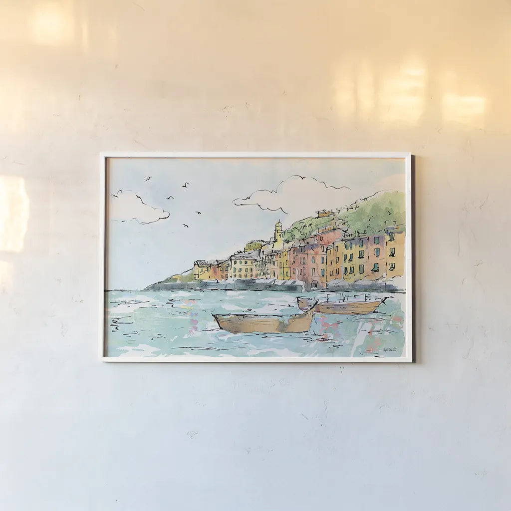 Portofino I by Anne Tavoletti. shown as a paper print in a white frame. Available as a archival giclee rolled canvas, fine art paper, or poster print. SKU 29050i.