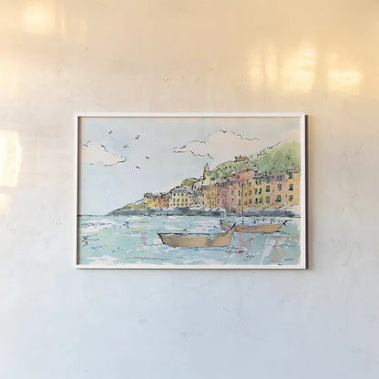 Portofino I by Anne Tavoletti. shown as a paper print in a white frame. Available as a archival giclee rolled canvas, fine art paper, or poster print. SKU 29050i.