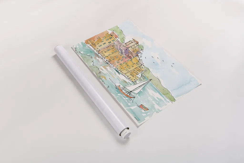 Portofino II by Anne Tavoletti. shown as a rolled paper print. Available as archival giclee rolled canvas, fine art paper, or poster print. SKU 29051i.