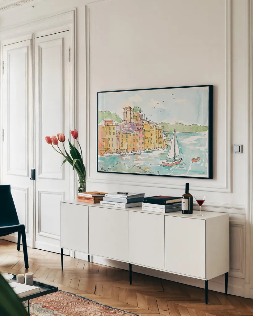 Portofino II by Anne Tavoletti. shown as a framed stretched canvas in a living room above a console. Available as a archival giclee rolled canvas, fine art paper, or poster print. SKU 29051i.