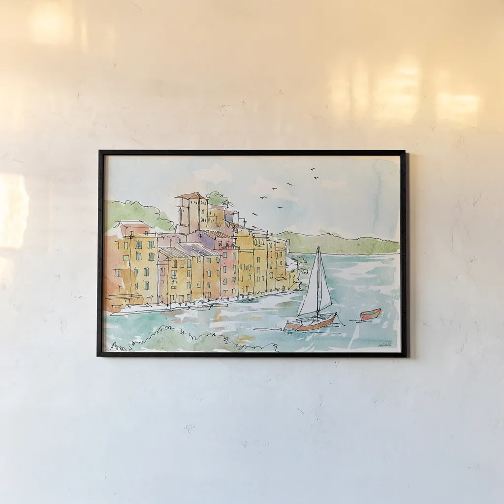 Portofino II by Anne Tavoletti. shown as a paper print in a black flame. Available as a archival giclee rolled canvas, fine art paper, or poster print. SKU 29051i.