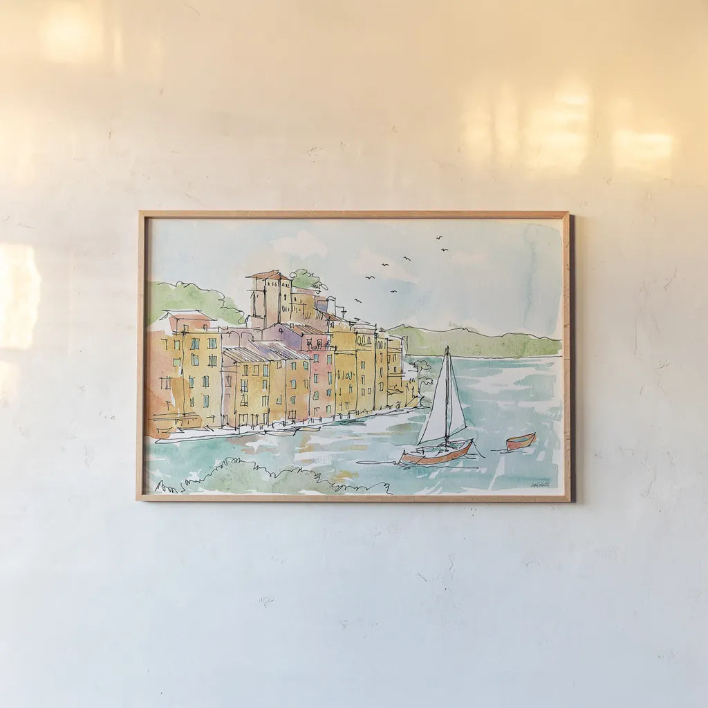 Portofino II by Anne Tavoletti. shown as a paper print in a natural frame. Available as a archival giclee rolled canvas, fine art paper, or poster print. SKU 29051i.
