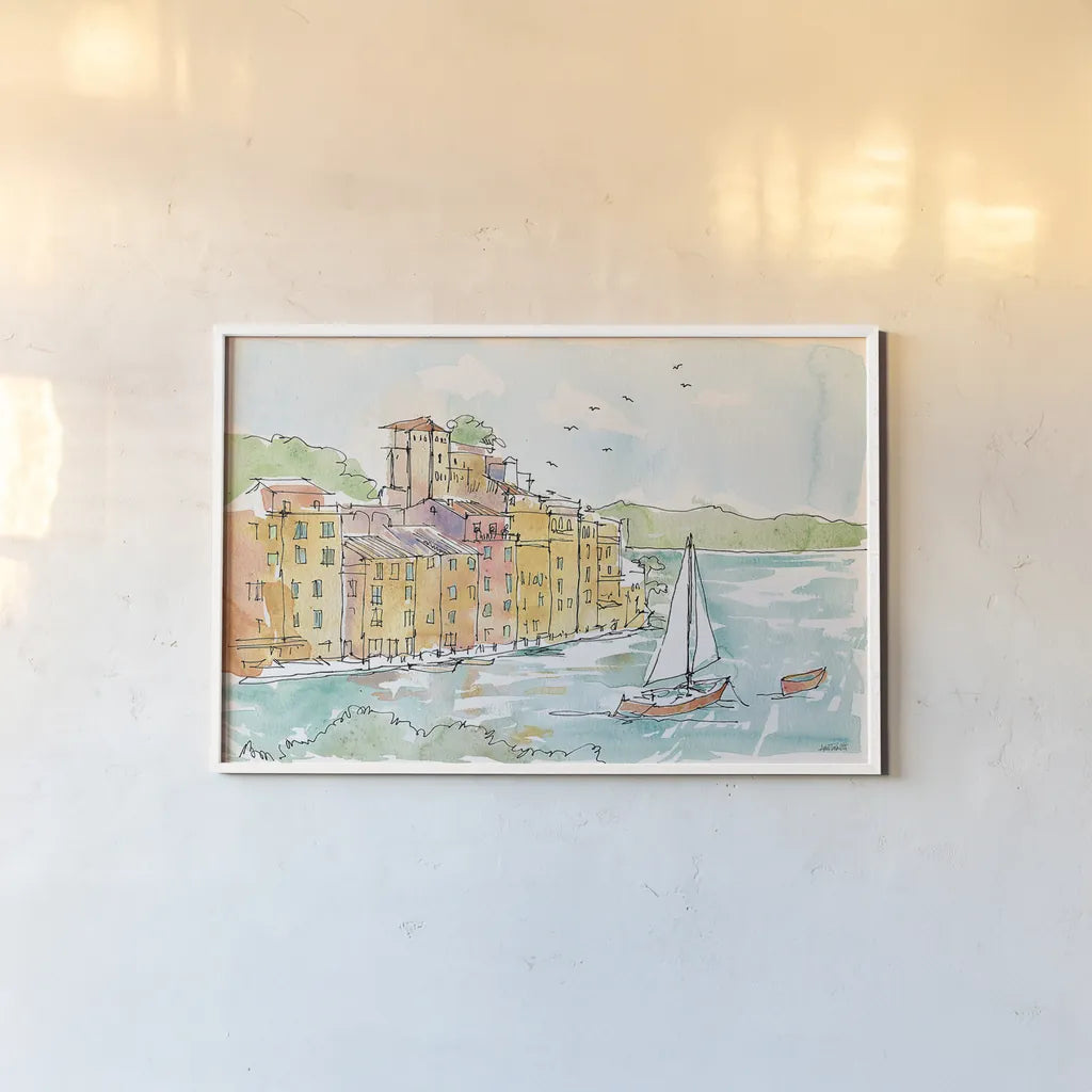 Portofino II by Anne Tavoletti. shown as a paper print in a white frame. Available as a archival giclee rolled canvas, fine art paper, or poster print. SKU 29051i.
