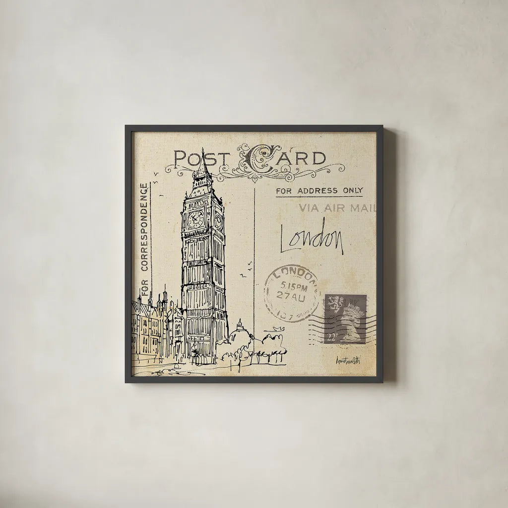 Postcard Sketches II by Anne Tavoletti. Shown in a sleek black glass frame for a contemporary gallery look. Available as an archival giclee rolled canvas, fine art paper, or poster print. SKU 15854a.