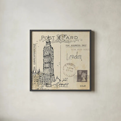 Postcard Sketches II by Anne Tavoletti. Shown in a sleek black glass frame for a contemporary gallery look. Available as an archival giclee rolled canvas, fine art paper, or poster print. SKU 15854a.