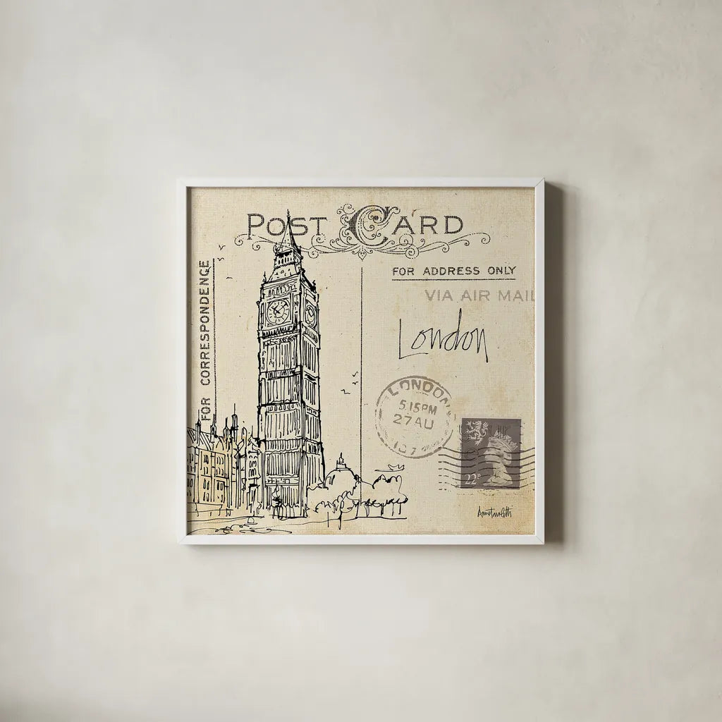 Postcard Sketches II by Anne Tavoletti. Shown in a crisp white glass frame for a clean and minimalist style. Available as an archival giclee rolled canvas, fine art paper, or poster print. SKU 15854a.