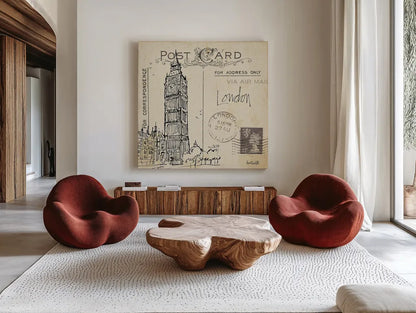 Postcard Sketches II by Anne Tavoletti. Shown as extra-large giant wall art in a modern living room. Available as an archival giclee rolled canvas, fine art paper, or poster print. SKU 15854a.