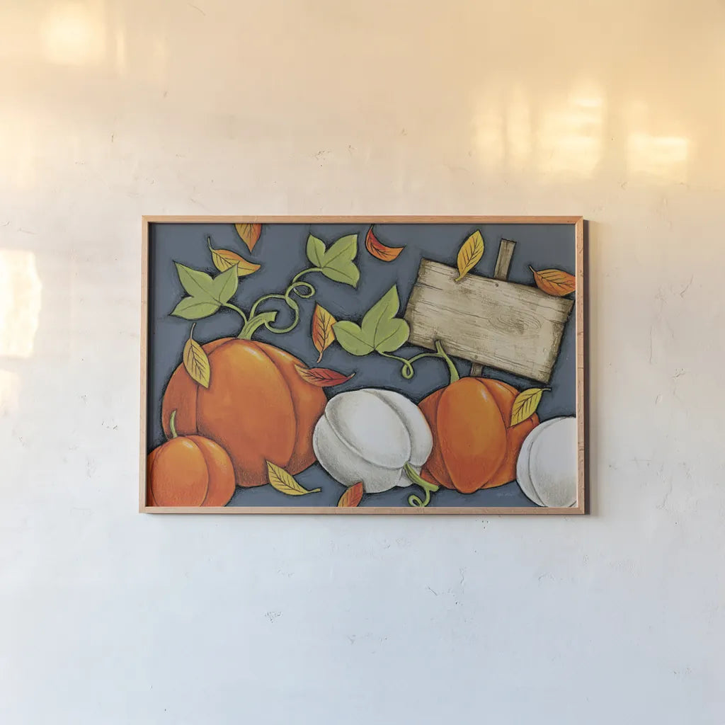 Pumpkin Patch by Anne Tavoletti. shown as a paper print in a natural frame. Available as a archival giclee rolled canvas, fine art paper, or poster print. SKU 26710i.