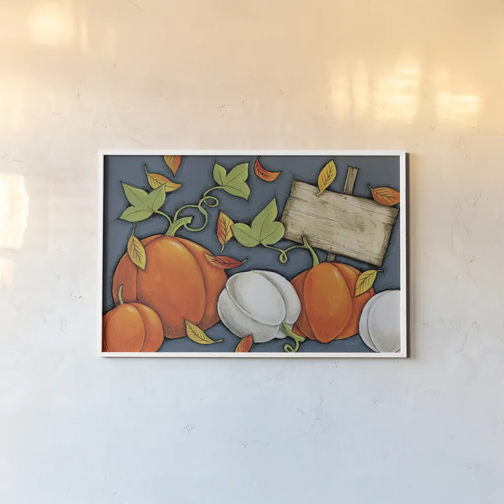 Pumpkin Patch by Anne Tavoletti. shown as a paper print in a white frame. Available as a archival giclee rolled canvas, fine art paper, or poster print. SKU 26710i.