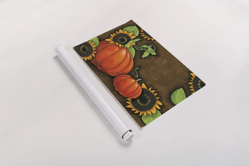 Pumpkins and Sunflowers by Anne Tavoletti. shown as a rolled paper print. Available as archival giclee rolled canvas, fine art paper, or poster print. SKU 26711i.