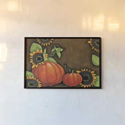 Pumpkins and Sunflowers by Anne Tavoletti. shown as a paper print in a black flame. Available as a archival giclee rolled canvas, fine art paper, or poster print. SKU 26711i.