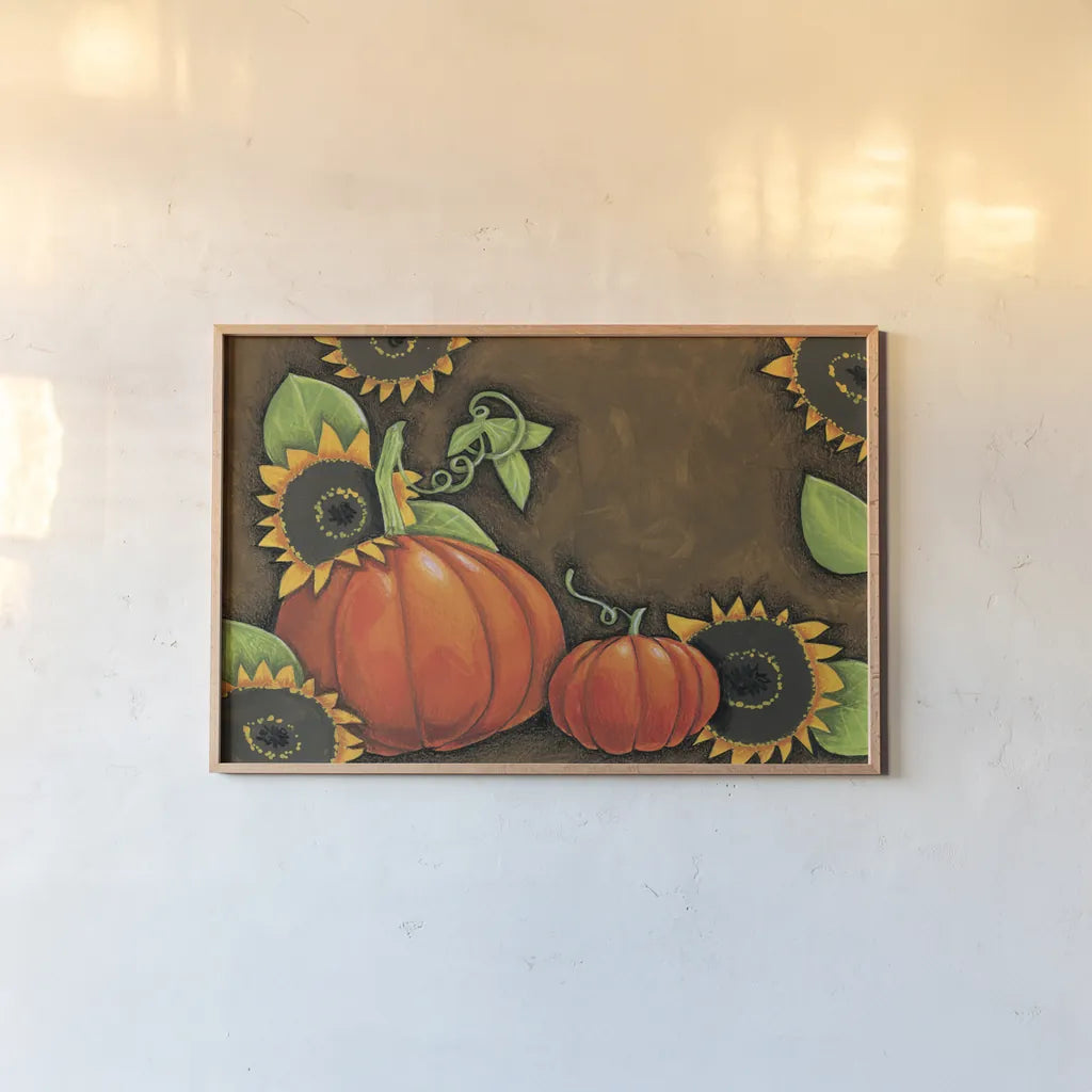 Pumpkins and Sunflowers by Anne Tavoletti. shown as a paper print in a natural frame. Available as a archival giclee rolled canvas, fine art paper, or poster print. SKU 26711i.