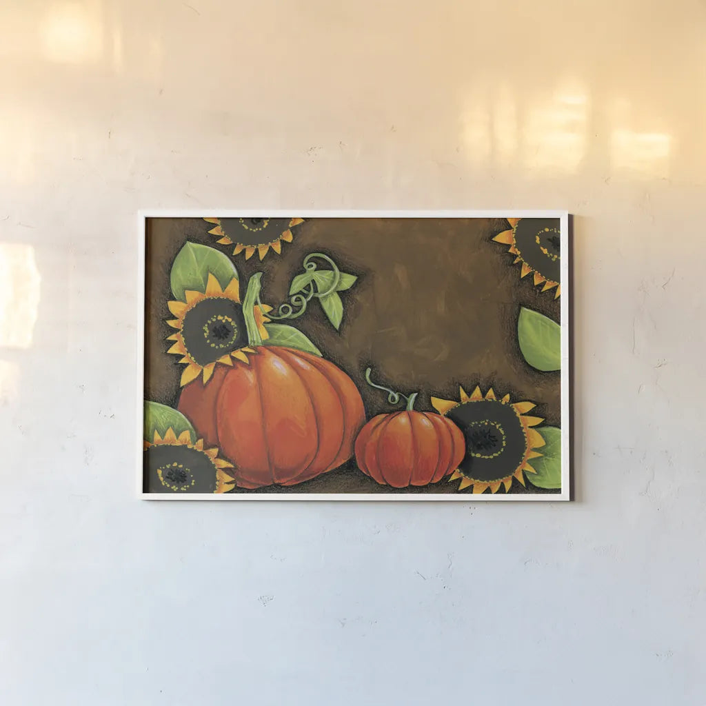 Pumpkins and Sunflowers by Anne Tavoletti. shown as a paper print in a white frame. Available as a archival giclee rolled canvas, fine art paper, or poster print. SKU 26711i.