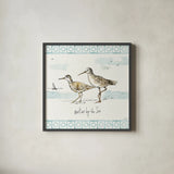 Sandpiper Sea IV by Anne Tavoletti. Shown in a sleek black glass frame for a contemporary gallery look. Available as an archival giclee rolled canvas, fine art paper, or poster print. SKU 21884a.