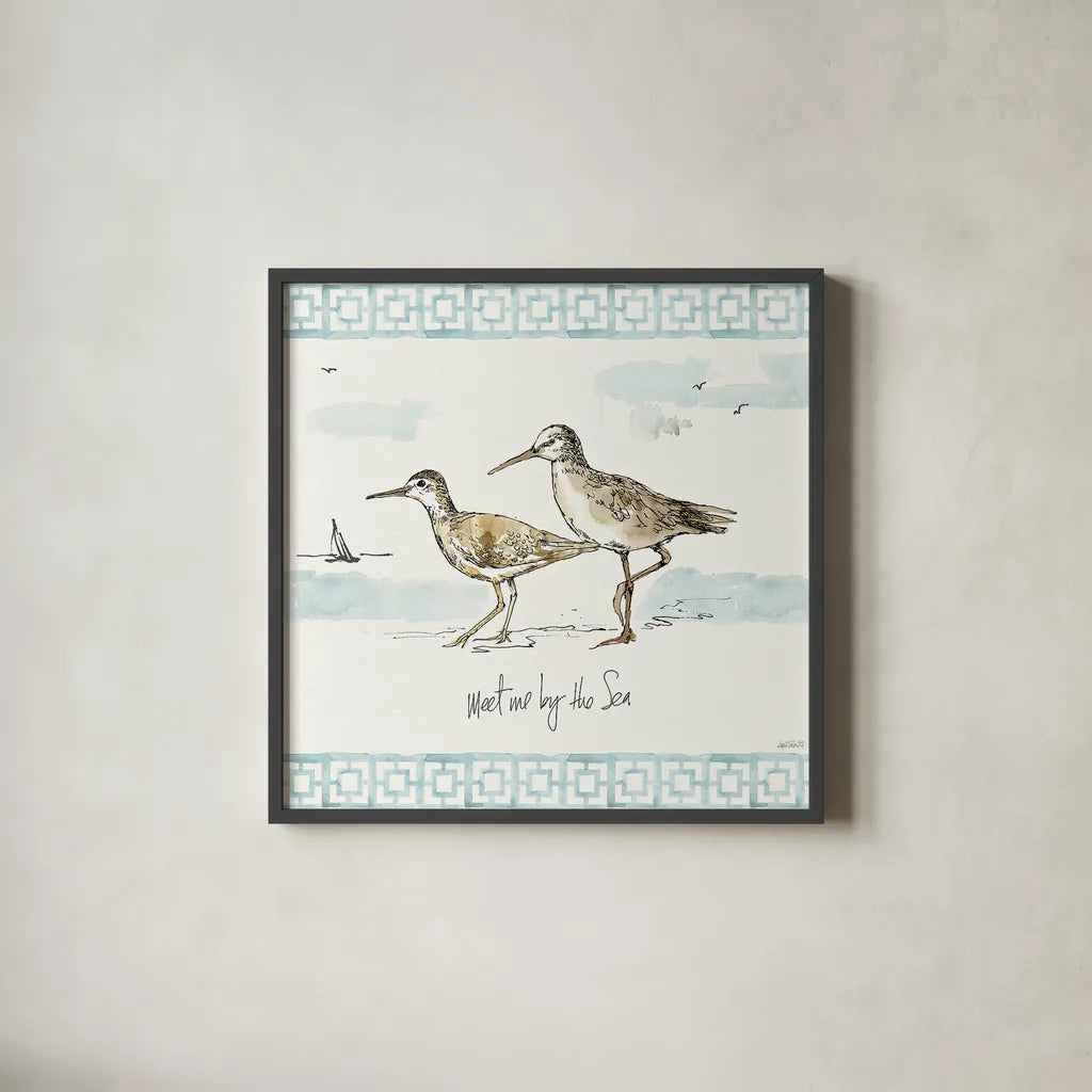 Sandpiper Sea IV by Anne Tavoletti. Shown in a sleek black glass frame for a contemporary gallery look. Available as an archival giclee rolled canvas, fine art paper, or poster print. SKU 21884a.
