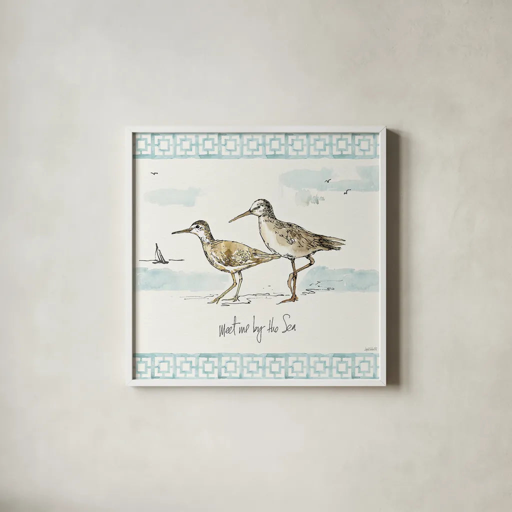 Sandpiper Sea IV by Anne Tavoletti. Shown in a crisp white glass frame for a clean and minimalist style. Available as an archival giclee rolled canvas, fine art paper, or poster print. SKU 21884a.