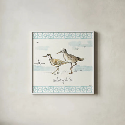 Sandpiper Sea IV by Anne Tavoletti. Shown in a crisp white glass frame for a clean and minimalist style. Available as an archival giclee rolled canvas, fine art paper, or poster print. SKU 21884a.