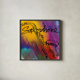 Saxaphone by Anne Tavoletti. Shown in a sleek black glass frame for a contemporary gallery look. Available as an archival giclee rolled canvas, fine art paper, or poster print. SKU 59275a.