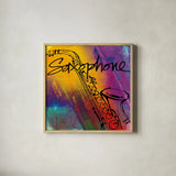 Saxaphone by Anne Tavoletti. Shown in a natural wood glass frame for a timeless modern aesthetic. Available as an archival giclee rolled canvas, fine art paper, or poster print. SKU 59275a.