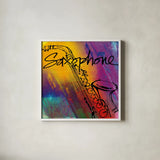 Saxaphone by Anne Tavoletti. Shown in a crisp white glass frame for a clean and minimalist style. Available as an archival giclee rolled canvas, fine art paper, or poster print. SKU 59275a.