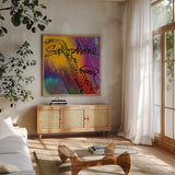 Saxaphone by Anne Tavoletti. Shown in a natural wood frame in a cozy modern living room. Available as an archival giclee rolled canvas, fine art paper, or poster print. SKU 59275a.