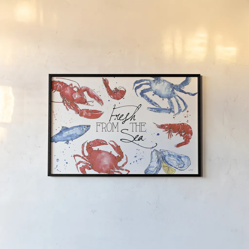 Seafood Shanty I by Anne Tavoletti. shown as a paper print in a black flame. Available as a archival giclee rolled canvas, fine art paper, or poster print. SKU 40389i.