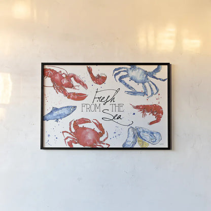 Seafood Shanty I by Anne Tavoletti. shown as a paper print in a black flame. Available as a archival giclee rolled canvas, fine art paper, or poster print. SKU 40389i.