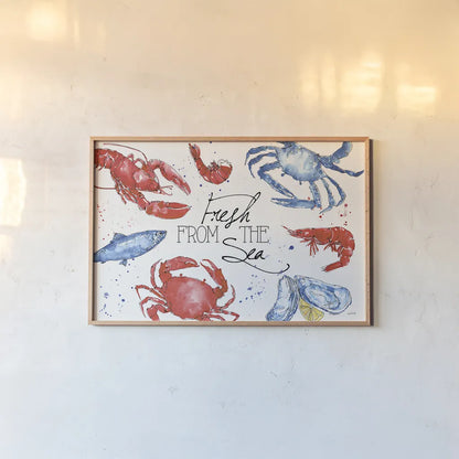 Seafood Shanty I by Anne Tavoletti. shown as a paper print in a natural frame. Available as a archival giclee rolled canvas, fine art paper, or poster print. SKU 40389i.