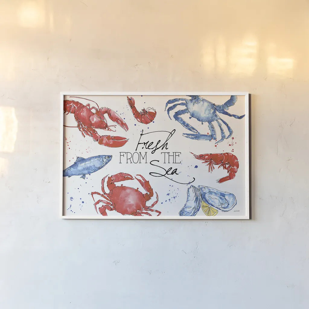 Seafood Shanty I by Anne Tavoletti. shown as a paper print in a white frame. Available as a archival giclee rolled canvas, fine art paper, or poster print. SKU 40389i.