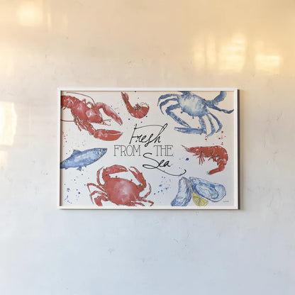 Seafood Shanty I by Anne Tavoletti. shown as a paper print in a white frame. Available as a archival giclee rolled canvas, fine art paper, or poster print. SKU 40389i.