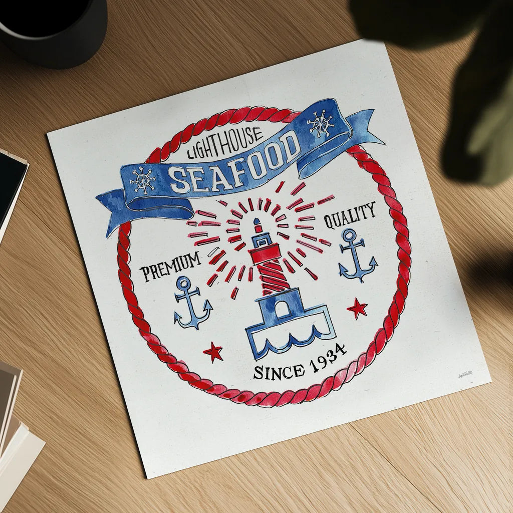 Seafood Shanty VI by Anne Tavoletti. Shown as a detailed flat fine art print, highlighting archival giclee quality. Available as an archival giclee rolled canvas, fine art paper, or poster print. SKU 40394a.