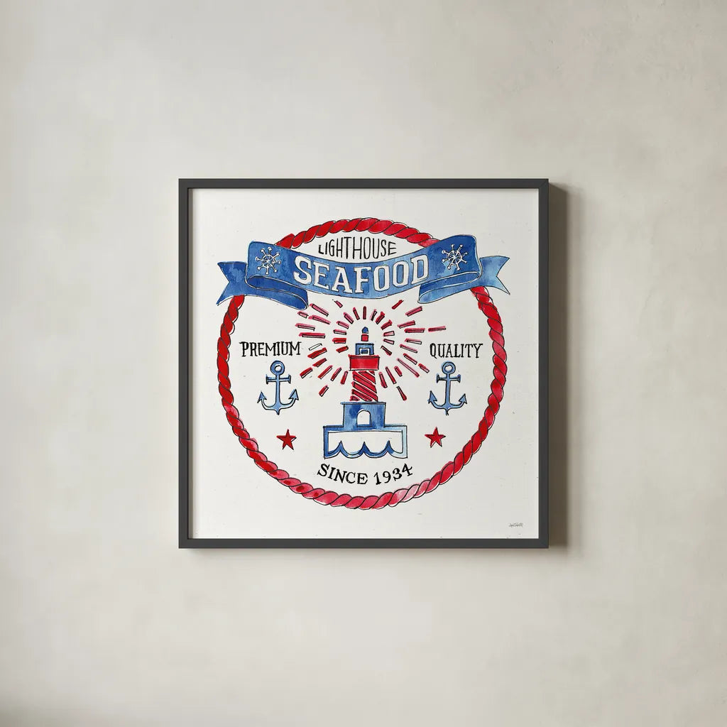 Seafood Shanty VI by Anne Tavoletti. Shown in a sleek black glass frame for a contemporary gallery look. Available as an archival giclee rolled canvas, fine art paper, or poster print. SKU 40394a.