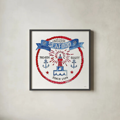 Seafood Shanty VI by Anne Tavoletti. Shown in a sleek black glass frame for a contemporary gallery look. Available as an archival giclee rolled canvas, fine art paper, or poster print. SKU 40394a.