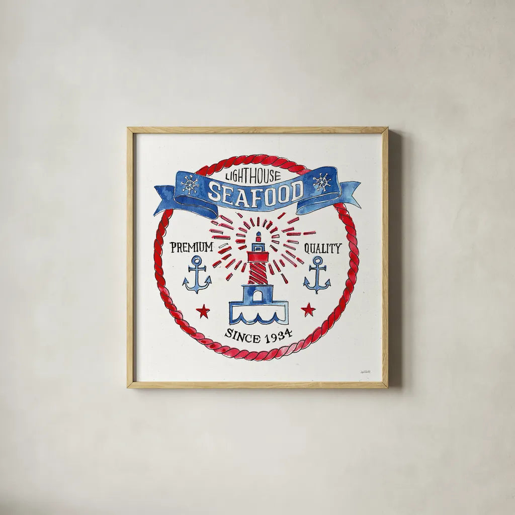 Seafood Shanty VI by Anne Tavoletti. Shown in a natural wood glass frame for a timeless modern aesthetic. Available as an archival giclee rolled canvas, fine art paper, or poster print. SKU 40394a.