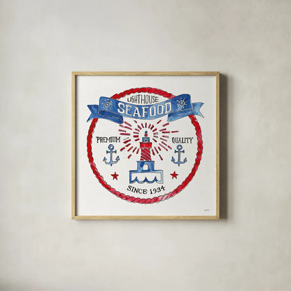 Seafood Shanty VI by Anne Tavoletti. Shown in a natural wood glass frame for a timeless modern aesthetic. Available as an archival giclee rolled canvas, fine art paper, or poster print. SKU 40394a.