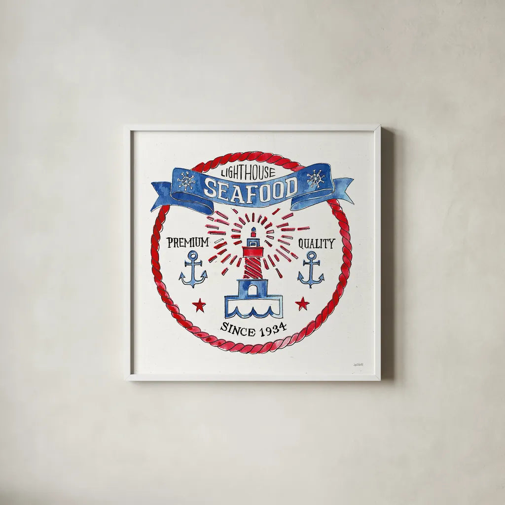 Seafood Shanty VI by Anne Tavoletti. Shown in a crisp white glass frame for a clean and minimalist style. Available as an archival giclee rolled canvas, fine art paper, or poster print. SKU 40394a.