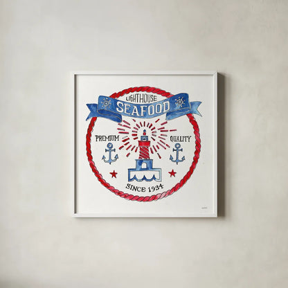 Seafood Shanty VI by Anne Tavoletti. Shown in a crisp white glass frame for a clean and minimalist style. Available as an archival giclee rolled canvas, fine art paper, or poster print. SKU 40394a.