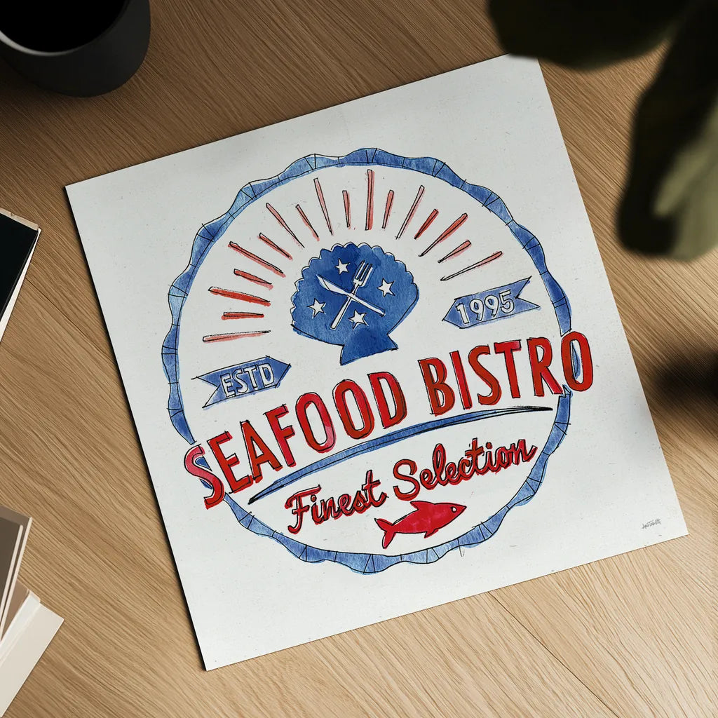 Seafood Shanty VII by Anne Tavoletti. Shown as a detailed flat fine art print, highlighting archival giclee quality. Available as an archival giclee rolled canvas, fine art paper, or poster print. SKU 40395a.