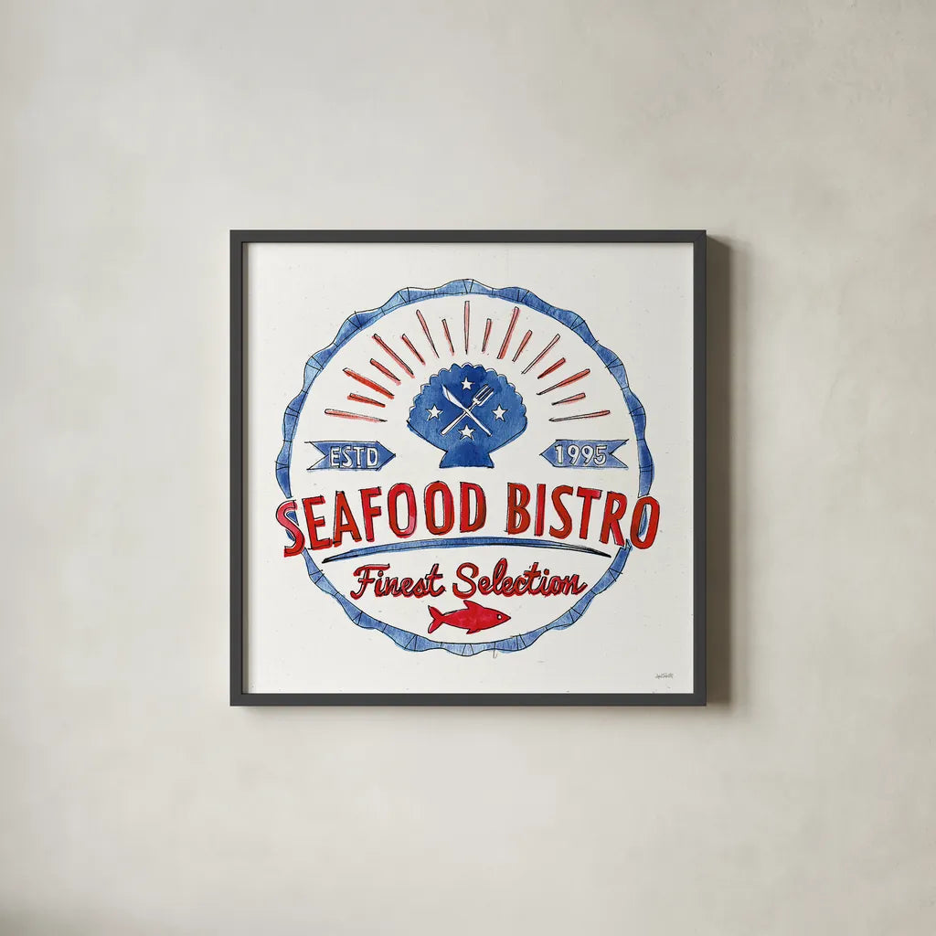 Seafood Shanty VII by Anne Tavoletti. Shown in a sleek black glass frame for a contemporary gallery look. Available as an archival giclee rolled canvas, fine art paper, or poster print. SKU 40395a.