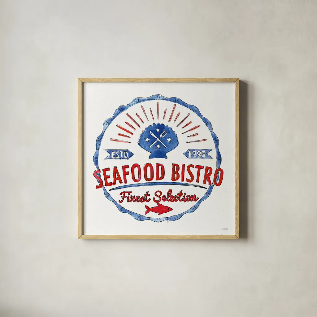 Seafood Shanty VII by Anne Tavoletti. Shown in a natural wood glass frame for a timeless modern aesthetic. Available as an archival giclee rolled canvas, fine art paper, or poster print. SKU 40395a.