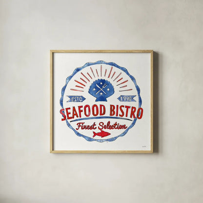 Seafood Shanty VII by Anne Tavoletti. Shown in a natural wood glass frame for a timeless modern aesthetic. Available as an archival giclee rolled canvas, fine art paper, or poster print. SKU 40395a.