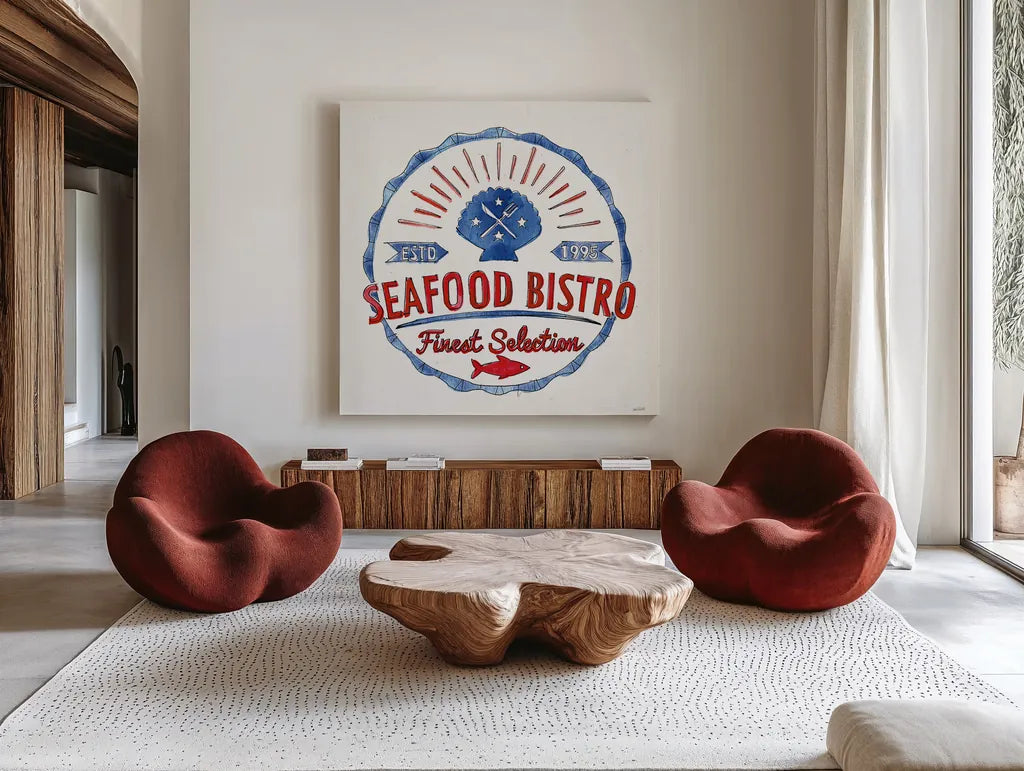 Seafood Shanty VII by Anne Tavoletti. Shown as extra-large giant wall art in a modern living room. Available as an archival giclee rolled canvas, fine art paper, or poster print. SKU 40395a.