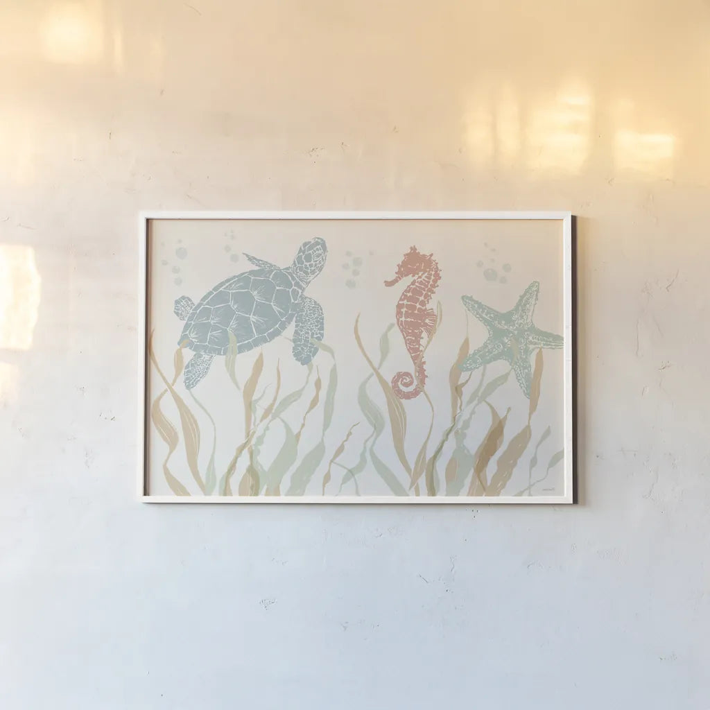 Seaside Style I by Anne Tavoletti. shown as a paper print in a white frame. Available as a archival giclee rolled canvas, fine art paper, or poster print. SKU 80251i.