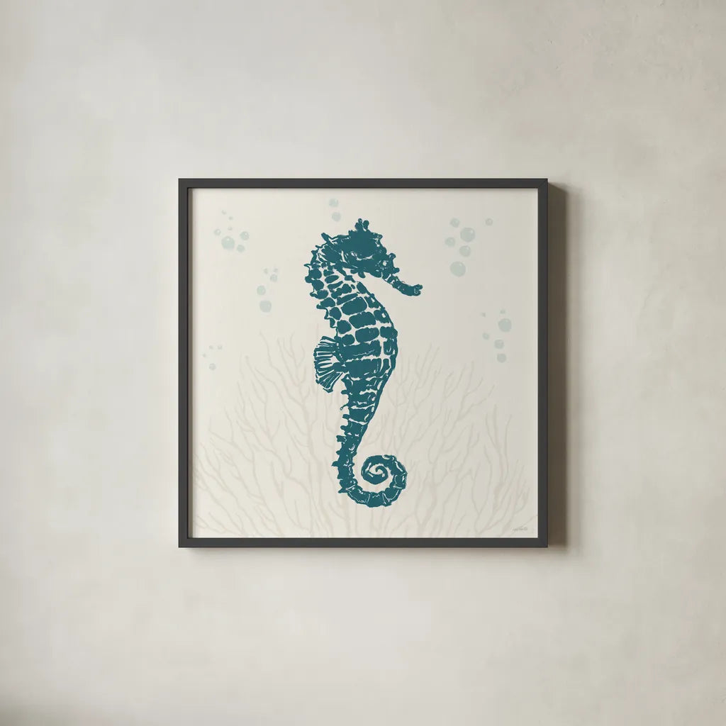 Seaside Style II Blue by Anne Tavoletti. Shown in a sleek black glass frame for a contemporary gallery look. Available as an archival giclee rolled canvas, fine art paper, or poster print. SKU 82962a.